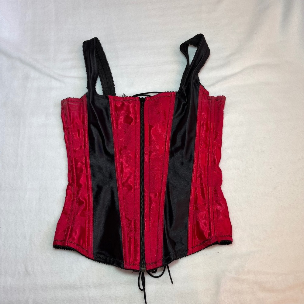 Empire Intimates Vintage Corset Top Red Black Floral Jacquard Lace Up Bustier